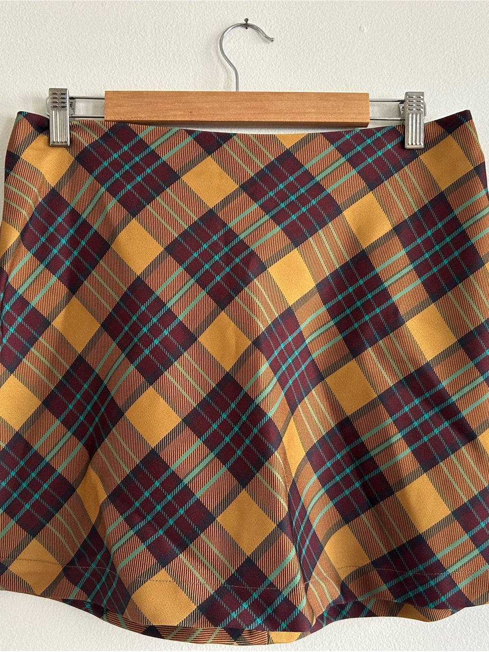 Plaid A-Line Mini Skirt in Mustard and Burgundy